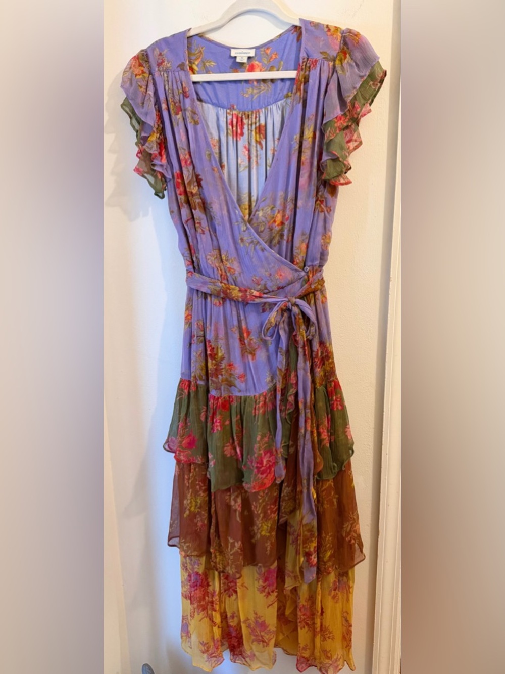 Sundance Floral Asymmetrical Tiered Dress in Lavender, Olive, yellow & Rust